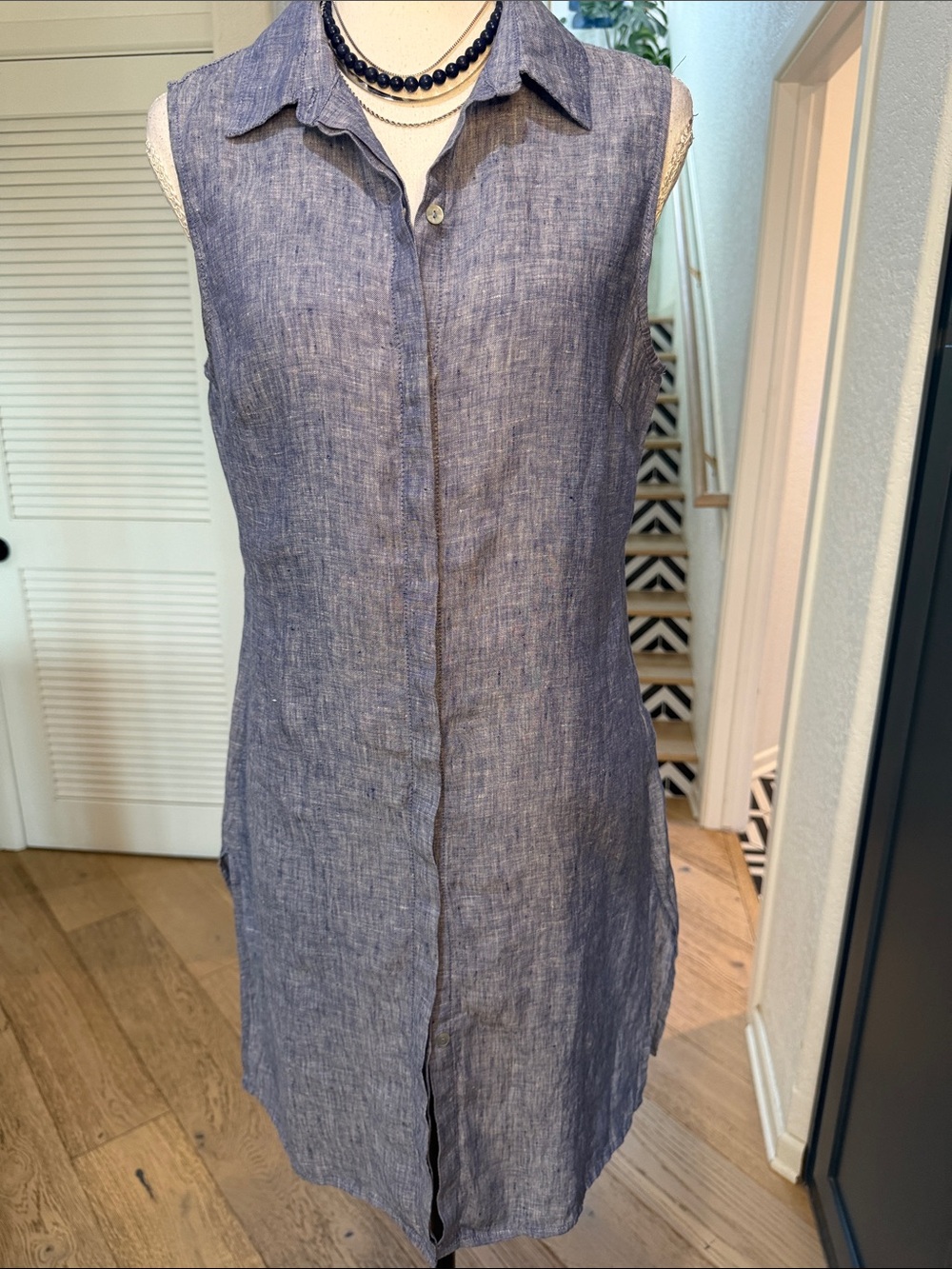 St. Tropez Sleeveless Linen Blend Shirt Dress in Chambray Blue